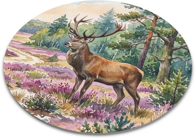 Muismat Edelhert op de Heide – Paarse Heidevelden & Boslandschap "Aquarel Series" Illustratie – Stoer Cadeau voor haar: Vrouw, Vriendin & Collega – Natuurlijke Bureau Accessoire Veluwe Stijl – Ronde Artistieke Muismat met Dierprint