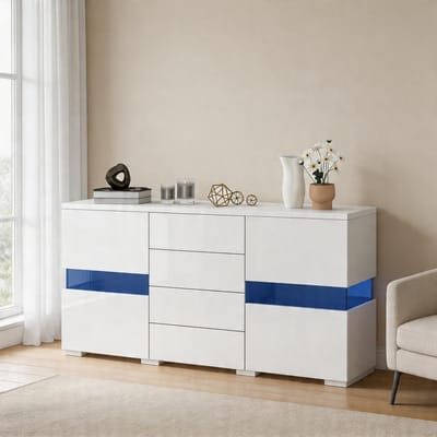 KOMHTOM - Hoogglans wit dressoir - Opbergkast met 16 kleuren LED-verlichting - Voor eetkamer en woonkamer