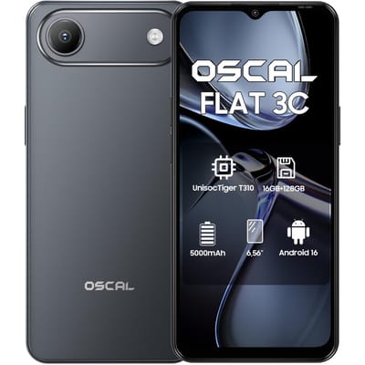 Oscal FLAT 3C 4G AI Smartphone 16GB+128GB 6.56  Android 16 5000mAh Mobiele Telefoon 4G LTE telefoon 4+128 zwart