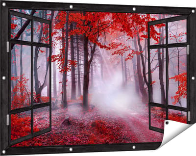Gards Tuinposter Doorkijk Rood Bos met Bomen - 120x80 cm - Tuindoek - Tuindecoratie - Wanddecoratie buiten - Tuinschilderij