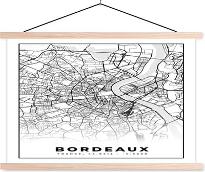 Posterhanger incl. Poster 90x60 cm - Schoolplaat - Kaart - Stadskaart - Frankrijk - Bordeaux - Plattegrond - Zwart wit - Textielposter - Blanke latten - Stadskaart