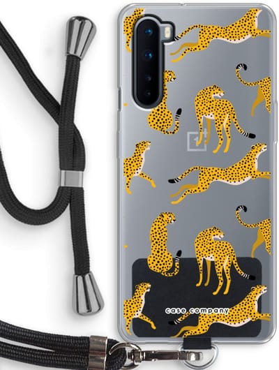 Case Company® - Hoesje met koord geschikt voor OnePlus Nord hoesje met Koord - Luipaard - Telefoonhoesje met Zwart Koord - Bescherming aan alle Kanten en Over de Schermrand