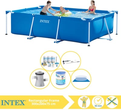 Intex Rechthoekig Frame Zwembad - 300 x 200 x 75 cm - Blauw - Inclusief Onderhoudspakket - Zwembadfilterpomp - Filter - Grondzeil - Stofzuiger - 6-delig