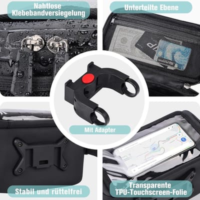 Fiets stuur tas 4.7 L met snelontgrendeling, stabiele drager voor stads- en trekkingtochten, waterdicht, met smartphonevak en bekerhouder