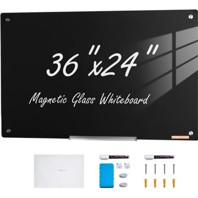 VEVOR Magnetisch Glazen Whiteboard, Droog Uitwisbaar Bord 90 X 60 cm, Aan De Muur Gemonteerd Groot Wit Glazen Bord Zonder Frame, met Pennenbak, Een Gum En 2 Pennen, Magneetbord Zwart