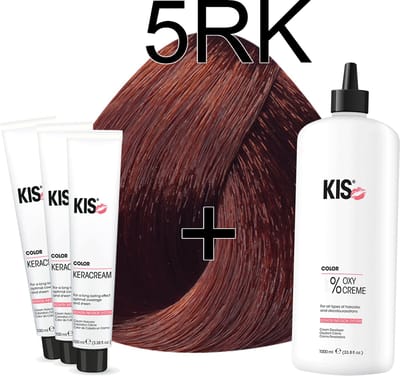 Kis KeraCream Color - 100ml - Haarverf Set - 5RK Licht rood koper bruin | KIS - (3 x haarverf & 1L waterstofperoxide)