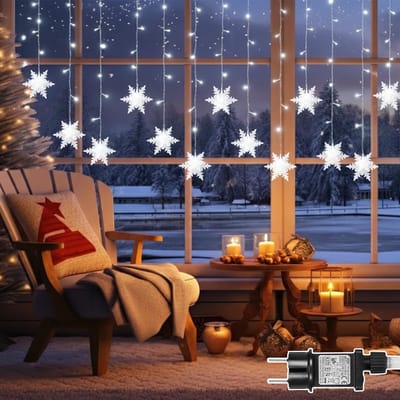 MUPOO Sneeuwvlokken Lichtgordijn Kerstverlichting Koel wit -Ijspegel kerst Gordijnverlichting 1,8 Meter - 12 cm grote sneeuwvlok - 8 Modi - Timer- KerstLichtslinger -sfeerverlichting binnen Buiten