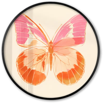 Poster in lijst Rond - Fotolijst 60x60 cm - Posters - Oranje - Vlinder - Minimalistisch - Ronde posterlijst zwart - Decoratie - Wanddecoratie woonkamer - Muurdecoratie slaapkamer