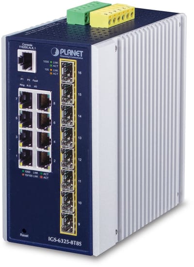 PLANET IP30 Industrial L3 8-Port Managed Gigabit Ethernet (10/100/1000) Blauw, Wit