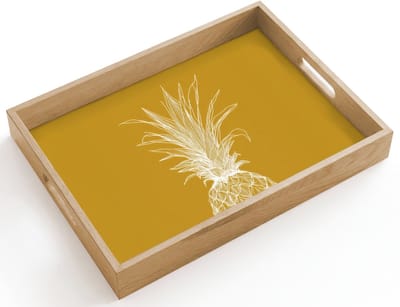 Dienblad hout 40x30 cm - Schootdienblad - Lijnillustratie - Ananas - Bladkroon - Okergeel - Borrelplank rechthoek - Plateau dienbladen