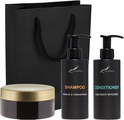 Douchepakket - Shampoo Sweet Orange & Cedarwood + Coconut Conditioner + Scrubzout 300 gram - 300 ml per fles - set van 3 stuks - met luxe gift tas - cadeau - giftset voor hem en haar