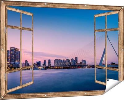 Gards Tuinposter Doorkijk Erasmusbrug in Rotterdam met Zonsondergang - 150x100 cm - Tuindoek - Tuindecoratie - Wanddecoratie buiten - Tuinschilderij
