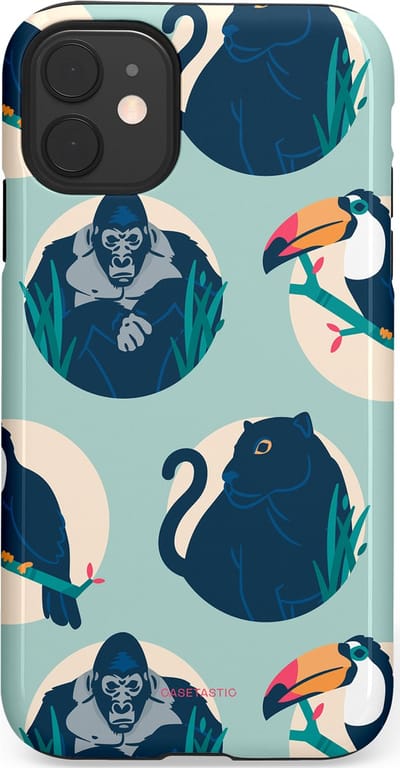 Casetastic hoesje geschikt voor Apple iPhone 11 - Dubbellaagse bescherming - Wilde Dieren Mix - Fashion Case - Lichtgrijs Donkerblauw Crème Donkergrijs
