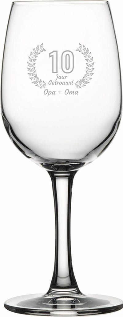 Gegraveerde witte wijnglas 26cl Opa + Oma 10 jaar getrouwd
