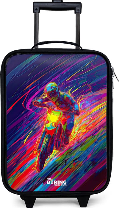 NoBoringSuitcases.com® - Kinderkoffer jongen - Kindertrolley meisje - Crossmotor - Neonkleuren - Lijnen - Helm - Koffer kind lichtgewicht - Reiskoffer trolley voor kinderen - Koffertje met lichtgevende wieltjes - Rolkoffer zwart