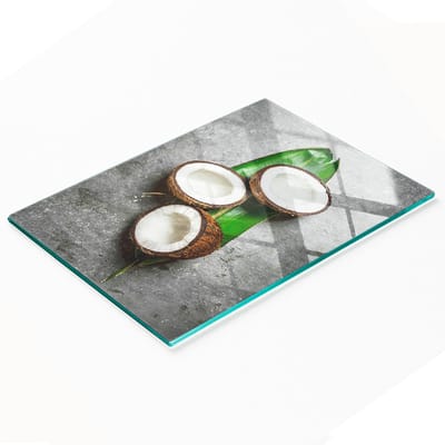 Keukenplank van gehard glas met decoratieve afbeelding van een halve kokosnoot, 80x52 cm