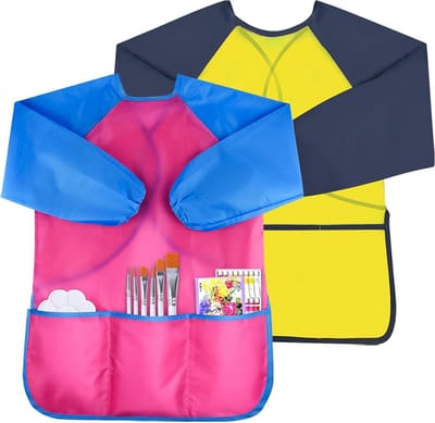 Set van 2 Waterdichte Kinderschorten voor Creatieve Activiteiten - Lange Mouwen, 3 Vakjes, Geschikt voor Schilderen en Koken voor Kinderen van 3 tot 8 Jaar