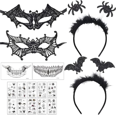Halloween kostuum accessoires met spinnenhaarband, vleermuis en spin oogmasker, mondstickers en tattoo's voor een spookachtige look tijdens feest, carnaval en cosplay