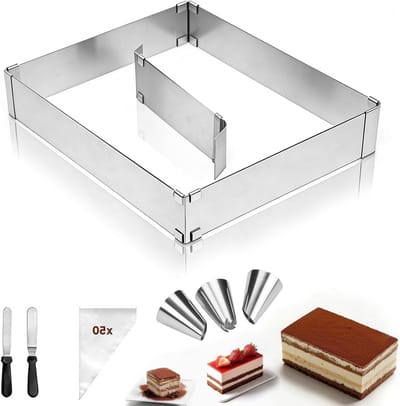 Verstelbare rechthoekige bakvorm van roestvrij staal, 5 cm hoog, inclusief 2 spatels, ideaal voor taarten, pizza en bakdecoratie, perfect voor bakken en creëren van mooie desserts