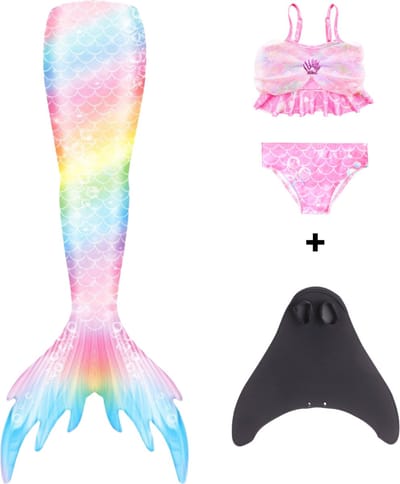 Joya Kids® Zeemeerminstaart met bikini verkleed set Regenboog Kleuren met MONOVIN | Staart met bijpassende bikini | Mermaid Staart | Prinsessen jurk | Zeemeermin Verkleedkleding meisje | Maat 110 | Incl MONOVIN