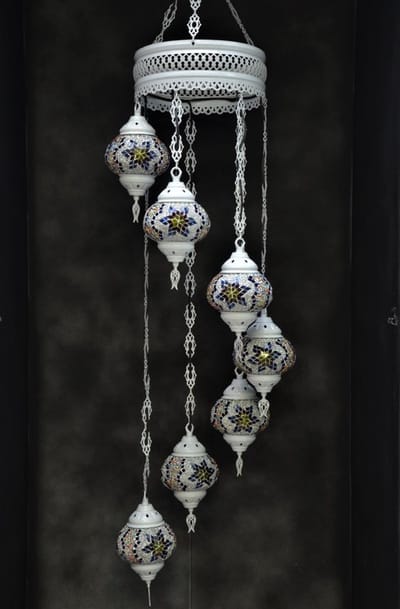 Hanglamp multicolour blauw wit glas mozaïek Oosterse lamp kroonluchter Crèmewit 7 bollen