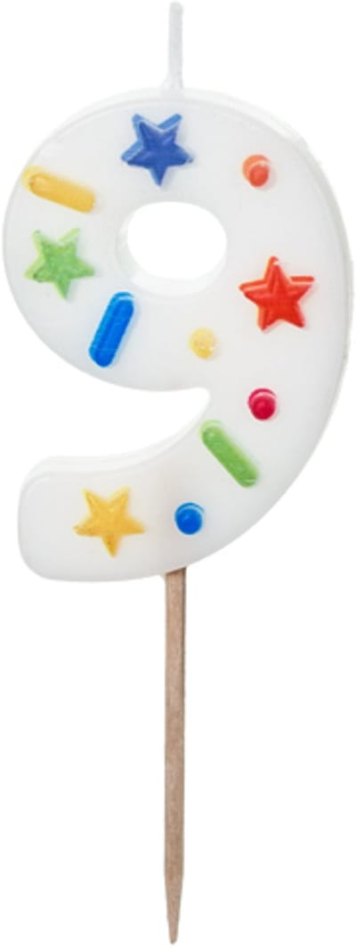 Cijferkaars 9 - Vrolijke confetti print - Taartkaars nummer 8 - Geschikt voor taart, cupcake, etc