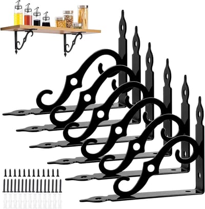 Set van 6 stevige metalen plankenhouders 140 x 110 mm, zwart, voor wandmontage, hoekrek, met schroeven, ideaal voor zware lasten en optimale ondersteuning