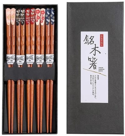 ZYLARO Eetstokjes - Chopsticks Set - Eetstokjes Hout - met Eetstokjeshouder - Set van 5 paar - Japanse ontwerp - bloemenpatroon