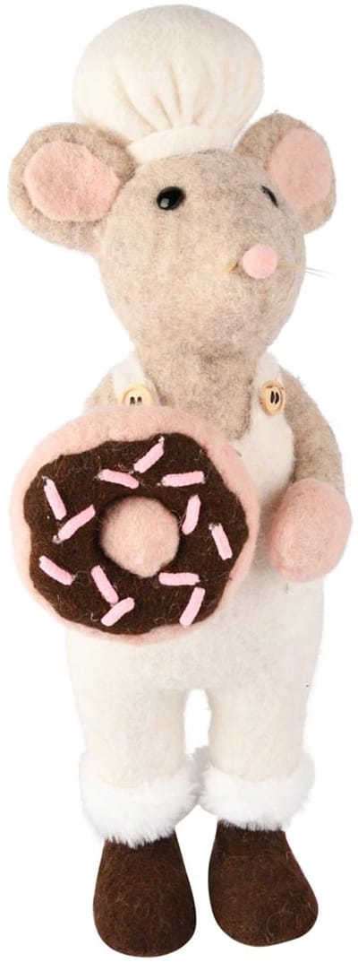 Dekoratief | Bakkersmuis staand m/donut, bruin/wit/roze, stof, 14x18x41cm | A255340