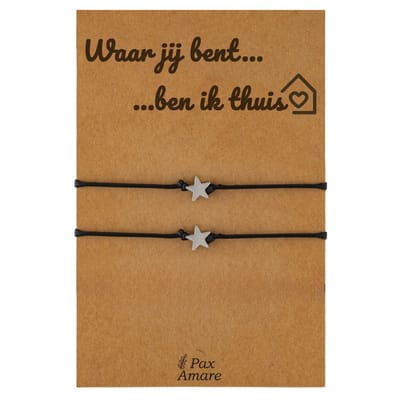 Koppel Armbandjes voor 2 "Waar jij bent, ben ik thuis" - Sterretjes - Vriendschapsarmbandjes met Liefdevol Cadeau Kaartje - Zilverkleurig - Elastisch Verstelbaar - Pax Amare