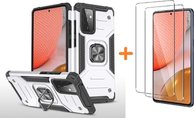 Hoesje Geschikt Voor Samsung Galaxy A72 Hoesje Heavy Duty Armor Hoesje Zliver - Galaxy A72 5G / 4G Case Kickstand Ring cover met Magnetisch Auto Mount- Hoesje Geschikt Voor Samsung Galaxy A72 screenprotector 2 pack