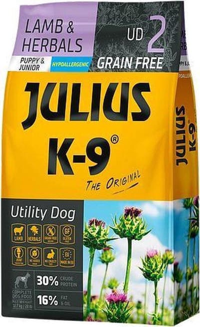 Julius K9 - Graanvrij hondenvoer - Hypoallergene hondenbrokken met lam & aardappel - Voor pups & jonge honden - 3kg