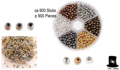 Bob Online TM - ca. 900 Stuks - Metalen Ronde Kralen - 4mm Ronde Sieraden Kralen met 1.5mm rijgen gaatje - Brons, Zilver & Goud Metalen Sieraden Kralen - Assorted Colors - Metal Beads - 4mm with threading hole size 1.5mm - Bronze, Gold & Silver