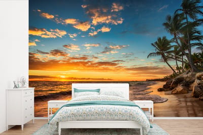 Behang - Fotobehang Strand - Zonsondergang - Zee - Palmboom - Breedte 360 cm x hoogte 240 cm