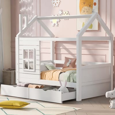 Sweiko Kinderbed - 80*160cm - 2 Laden - Valbescherming - Massief houten bed - Lattenbodem - Wit