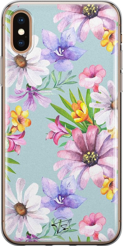 Hoesje geschikt voor iPhone Xs - Mint bloemen - Soft Case - TPU - Bloemen - Blauw - Mooie Telefoonhoesjes