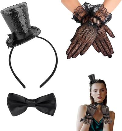 Mini Zwarte Hoed met Strik en Kant Handschoenen - Ideaal voor Feestjes en Speciale Gelegenheden, Accessoires voor Kostuums en Theatrale Optredens
