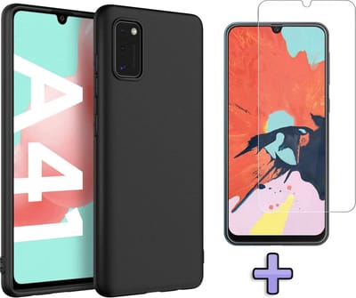 HB Hoesje Geschikt voor Samsung Galaxy A41 - Zwart - Siliconen Back Cover + Tempered Glazen Screenprotector
