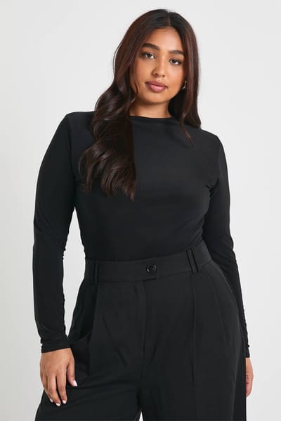 boohoo Dames Plus dubbellaagse Slinky T-shirt met lange mouwen | Zwart | Maat: 52
