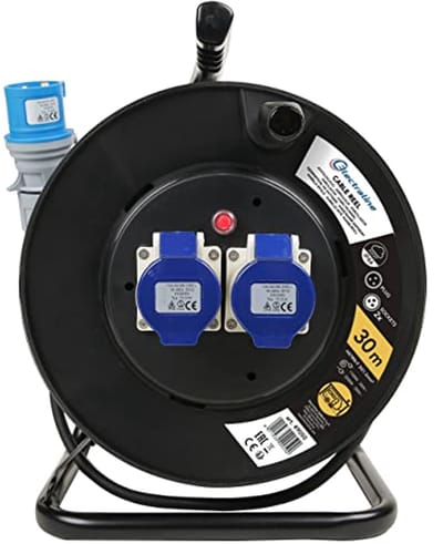 Kabelhaspel 30m met rubberen kabel en 2 IEC-stopcontacten - zwart/blauw