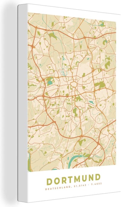 Canvas Schilderij Plattegrond - Dortmund - Stadskaart - Vintage - Kaart - 20x30 cm - Wanddecoratie