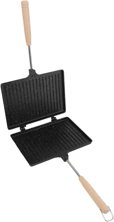 Handmatige Sandwichmaker - Tosti IJzer - Ontbijt Maken - Afneembaar Houten Handvat - 23 x 17 cm - Zwart