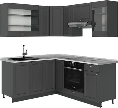 Vicco Hoekkeuken Fame-Line, Anthrazit-Gold Landhaus/Antraciet, 190 x 160 cm, WB Marmer