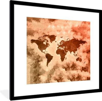 Poster in lijst - Fotolijst 40x40 cm - Posters - Wereldkaart - Rook - Bruin - Posterlijst zwart - Decoratie - Wanddecoratie woonkamer - Muurdecoratie slaapkamer