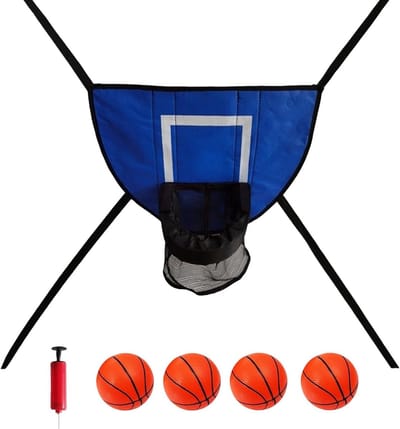 Trampoline basketbalset - Tuin sport accessoire - Buiten spelen - Zacht net inclusief - 49 x 36 cm - Blauw