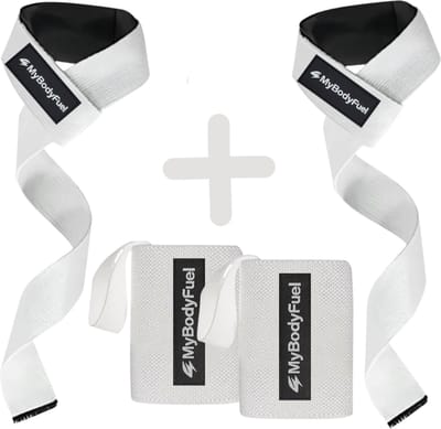 MyBodyFuel - Lifting Straps + Wrist Wraps Bundel - Fitness, Crossfit & Krachttraining - Wit