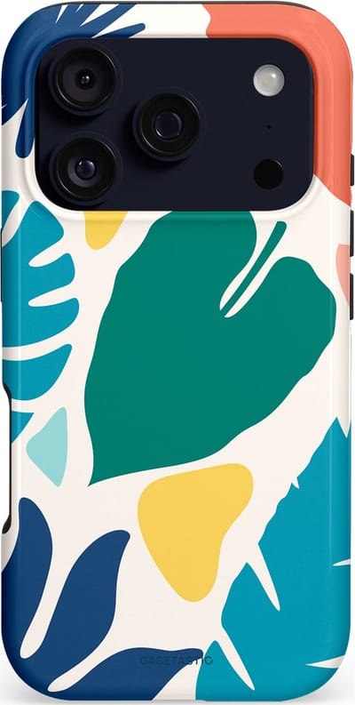 Casetastic hoesje geschikt voor Apple iPhone 17 Pro - MagSafe - Dubbellaagse bescherming - Moderne Kunstbladeren - Fashion Case - Petrol Wit Koraal Lichtgrijs
