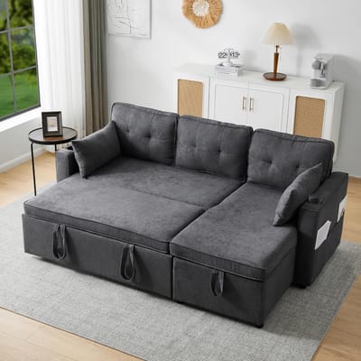 Hoekbank met slaapfunctie 206 x 130 cm - 3-zits Slaapbank met Opberglade, Omkeerbare Chaise Longue, Fluwelen L-vorm Bank, Logeerbed 180 x 124 cm - grijis- Vermissen