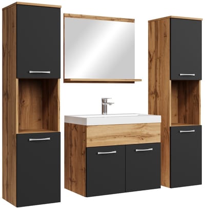 Badplaats Badkamermeubel Set Montreal XL 60 x 35 cm – Eiken met Zwart – Badmeubel met Spiegel en Zijkasten