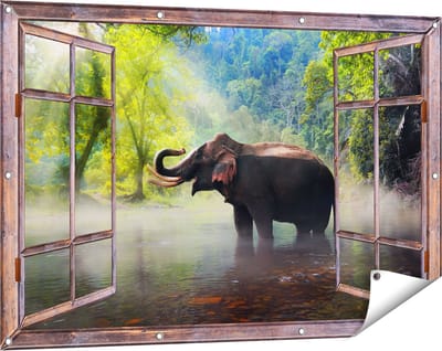Gards Tuinposter Doorkijk Olifant in het Water - 120x80 cm - Tuindoek - Tuindecoratie - Wanddecoratie buiten - Tuinschilderij